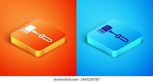 Icono isométrico de martillo de cocina aislado sobre fondo naranja y azul. Martillo de carne.  Vector