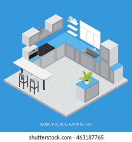 Isometric kitchen interior with cabinets cupboards white counter window tiled floor microwave on blue background vector illustration