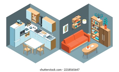 Isometric kitchen interior composition with set of two views with living room and kitchen modern interiors vector illustration