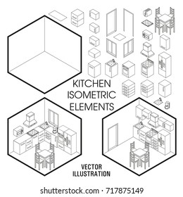 Isometric Kitchen Interior Constructor. Vector Set Of Isometric Furniture Elements Of Home Interior Isolated On White Background. Flat 3d Design Template.