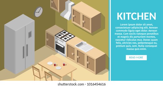 Isometric Kitchen interior flat style vector modern Illustration set