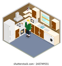 isometric kitchen interior with mother. Isometric Kitchen Interior.