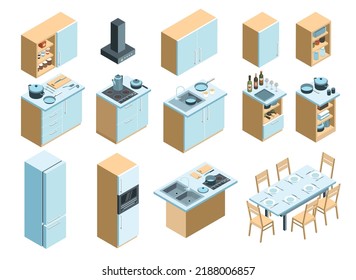 Isometric kitchen interior set with isolated icons of range fridges tableware cabinets and tables with chairs vector illustration