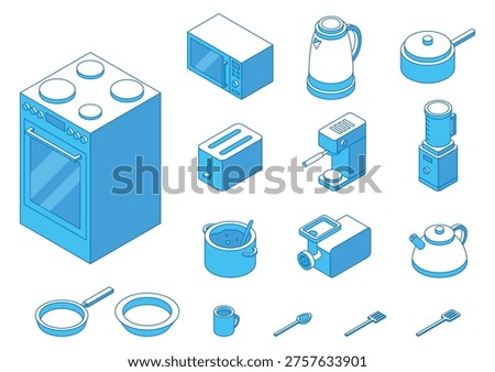 Isometric kitchen items. Small appliances, stove, microwave and kettle. Toaster, pots and coffee maker. Isolated 3d crockery and utensils, nifty vector set
