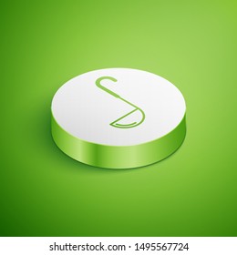 Isometric Kitchen ladle icon isolated on green background. Cooking utensil. Cutlery spoon sign. White circle button. Vector Illustration