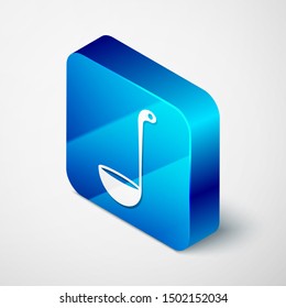 Isometric Kitchen ladle icon isolated on white background. Cooking utensil. Cutlery spoon sign. Blue square button. Vector Illustration