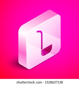 Isometric Kitchen ladle icon isolated on pink background. Cooking utensil. Cutlery spoon sign. Silver square button. Vector Illustration