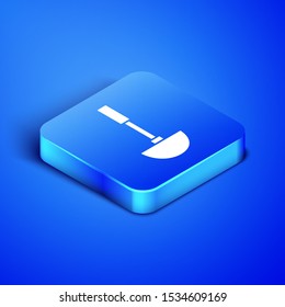 Isometric Kitchen ladle icon isolated on blue background. Cooking utensil. Cutlery spoon sign. Blue square button. Vector Illustration