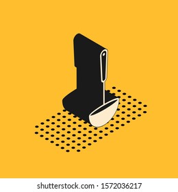 Isometric Kitchen ladle icon isolated on yellow background. Cooking utensil. Cutlery spoon sign.  Vector Illustration