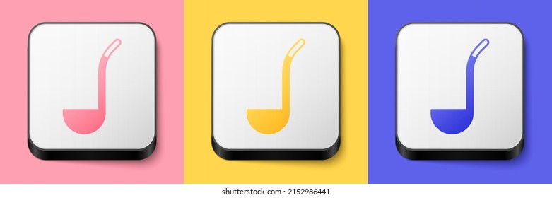 Isometric Kitchen ladle icon isolated on pink, yellow and blue background. Cooking utensil. Cutlery spoon sign. Square button. Vector
