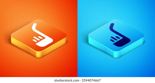 Isometric Kitchen ladle icon isolated on orange and blue background. Cooking utensil. Cutlery spoon sign.  Vector