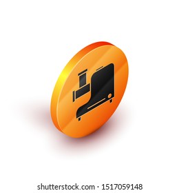 Isometric Kitchen meat grinder icon isolated on white background. Orange circle button. Vector Illustration