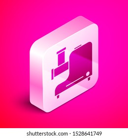 Isometric Kitchen meat grinder icon isolated on pink background. Silver square button. Vector Illustration