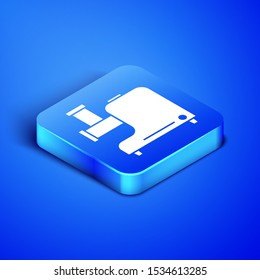 Isometric Kitchen meat grinder icon isolated on blue background. Blue square button. Vector Illustration