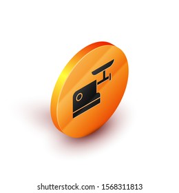 Isometric Kitchen meat grinder icon isolated on white background. Orange circle button. Vector Illustration