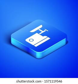 Isometric Kitchen meat grinder icon isolated on blue background. Blue square button. Vector Illustration