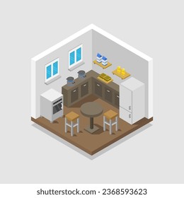 Sala de cocina isométrica ilustrada en vector sobre fondo