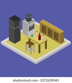 isometric kitchen room test vector design illustration