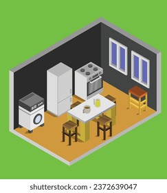 isometric kitchen room test vector design illustration