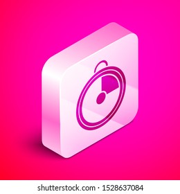 Isometric Kitchen timer icon isolated on pink background. Cooking utensil. Silver square button. Vector Illustration
