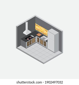 isometric kitchen wall dark color on gray background 