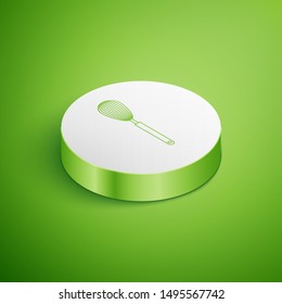 Isometric Kitchen whisk icon isolated on green background. Cooking utensil, egg beater. Cutlery sign. Food mix symbol. White circle button. Vector Illustration