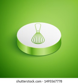 Isometric Kitchen whisk icon isolated on green background. Cooking utensil, egg beater. Cutlery sign. Food mix symbol. White circle button. Vector Illustration