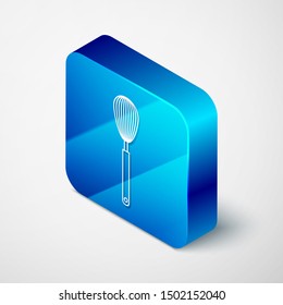 Isometric Kitchen whisk icon isolated on white background. Cooking utensil, egg beater. Cutlery sign. Food mix symbol. Blue square button. Vector Illustration