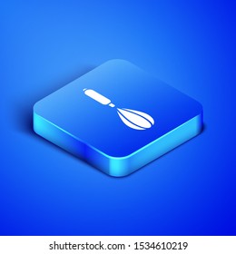 Isometric Kitchen whisk icon isolated on blue background. Cooking utensil, egg beater. Cutlery sign. Food mix symbol. Blue square button. Vector Illustration