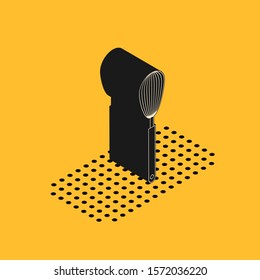 Isometric Kitchen whisk icon isolated on yellow background. Cooking utensil, egg beater. Cutlery sign. Food mix symbol.  Vector Illustration