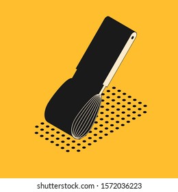 Isometric Kitchen whisk icon isolated on yellow background. Cooking utensil, egg beater. Cutlery sign. Food mix symbol.  Vector Illustration