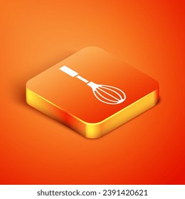 Isometric Kitchen whisk icon isolated on orange background. Cooking utensil, egg beater. Cutlery sign. Food mix symbol.  Vector