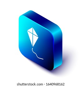 Isometric Kite icon isolated on white background. Blue square button. Vector Illustration
