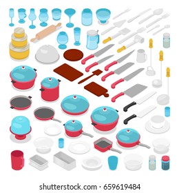 Colección de Cubertería Isométrica Kithen Utensils con Cuchillas, Potes y Gafas. Ilustración 3d plana del vector