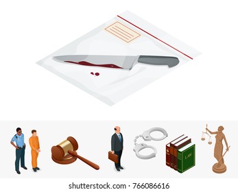 Isometric knife, evidence in a transparent package. Crime scene investigation collecting evidence. Vector illustration