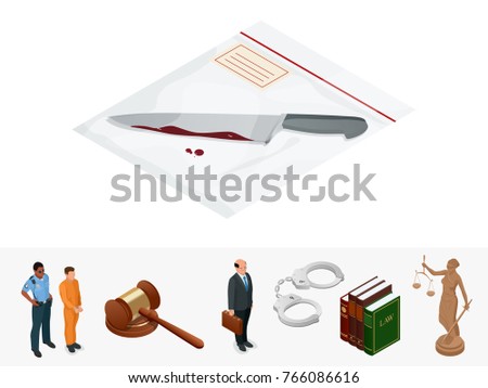 Isometric knife, evidence in a transparent package. Crime scene investigation collecting evidence. Vector illustration