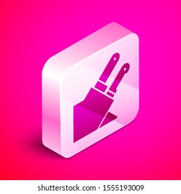 Isometric Knife icon isolated on pink background. Cutlery symbol. Silver square button. Vector Illustration