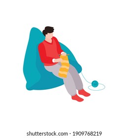 Isometric knitting composition with isolated image of person sitting on soft chair vector illustration