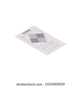 Isometric knitting composition with isolated image of paper sheet with scheme of knitting vector illustration