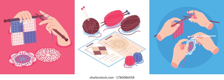 Isometric knitting design concept set of square compositions with human hands holding pins and colourful clews vector illustration