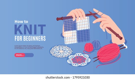 Isometric knitting horizontal banner with hands holding needles and clews with editable text and more button vector illustration