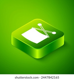 Isometric Knitting needles icon isolated on green background. Label for hand made, knitting or tailor shop. Green square button. Vector