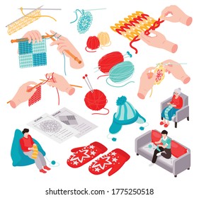 Isometric knitting set with isolated colourful icons and images of human hands with needles and clue vector illustration