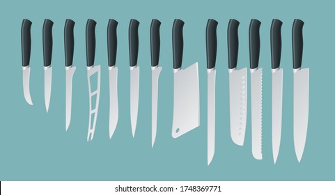 Isometric Knives butcher meat knife set. Cleaver, filleting, french, boning, carving. Kitchen drawknife or cleaver and sharp knifepoint illustration isolated on background.