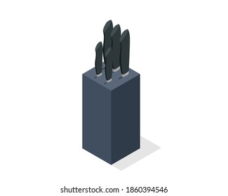 Isometric Knives in the Wooden Block isolated on white background. Kitchen Knife Set with Block, Stainless Steel Chef Knife Set with Sharpener, Steak Knives, Paring Knife, Wooden Block