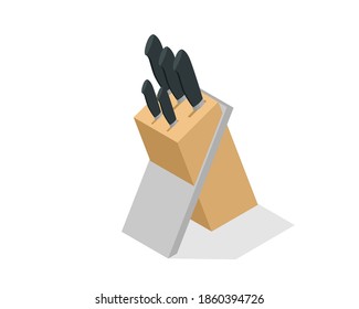 Isometric Knives in the Wooden Block isolated on white background. Kitchen Knife Set with Block, Stainless Steel Chef Knife Set with Sharpener, Steak Knives, Paring Knife, Wooden Block