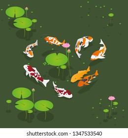 Isometric Koi Fish on Lotus Pond