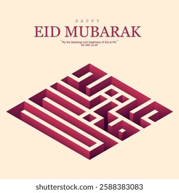 Isometric Kufi text forming “Eid Mubarak” on a minimalist colors. Perfect for greeting cards, social media, and festive Islamic designs.