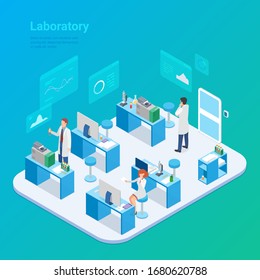 Isometric Laboratory Chemistry Medical Virus Lab flat vector illustration. People Scientists working sitting standing with vaccine from virus