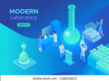 Isometric laboratory concept, landing page template with 3d equi